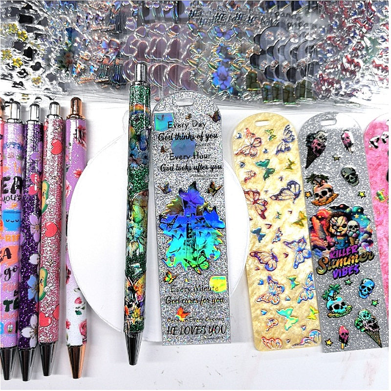 Wholesale Random Holographic Stickers 20/50/100pcs UV DTF Wraps Pen Sticker & Cartoon Random Styles Bookmark Stickers for Crafts Wraps